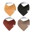 Four bandana-style bibs in colors: mustard yellow, black, rust red, and taupe, designed for babies to absorb drool.