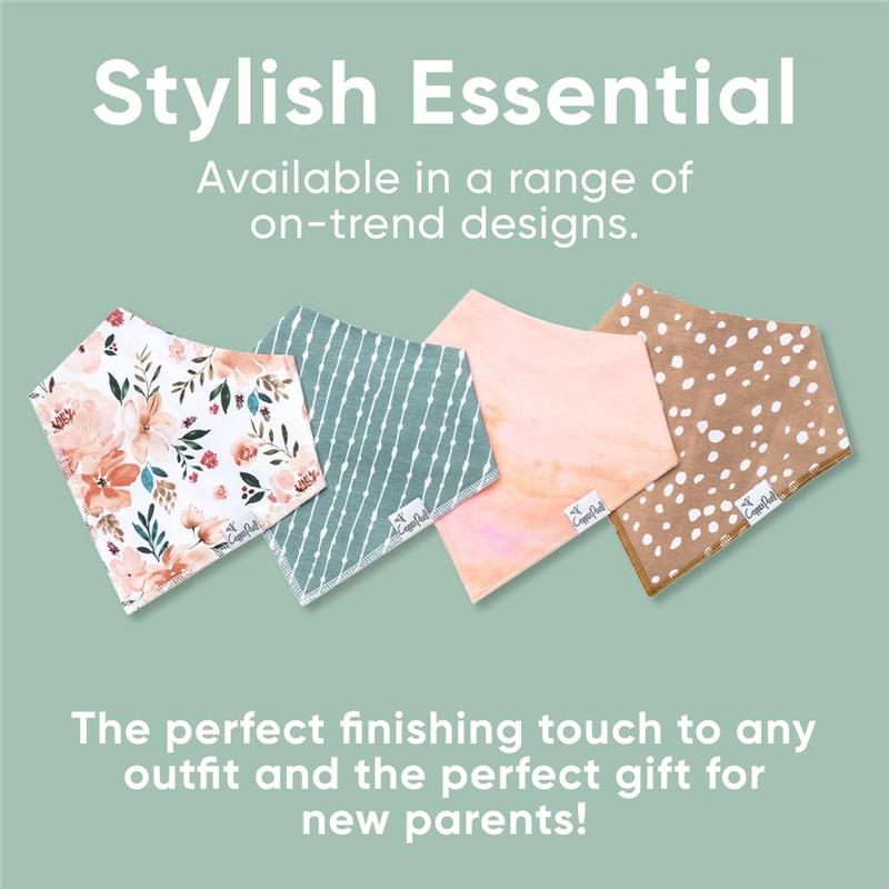 Four bandana bibs in floral, striped, and polka dot designs, promoting stylish essentials for new parents.