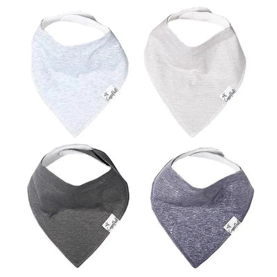 Four Copper Pearl baby bandana drool bibs in various colors: light gray, dark gray, light blue, and navy, featuring a stylish triangular design.
