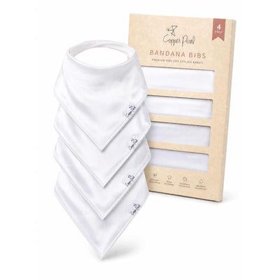 Set of four white baby bandana bibs from Copper Pearl, featuring a stylish design with logo detail and premium fabric.