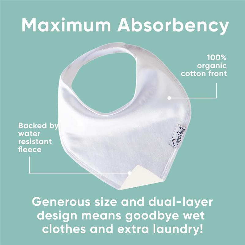 White baby bandana bib showcasing text highlighting its 100% organic cotton front, water-resistant fleece backing, and generous size.