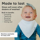 Baby wearing a white bandana bib, smiling. Text highlights durability, softness, and care instructions for the bib set.