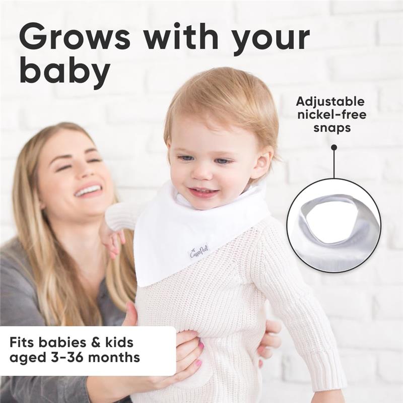 White baby bandana bib being worn by a young child, with adjustable nickel-free snaps, featuring a smiling mother in the background.