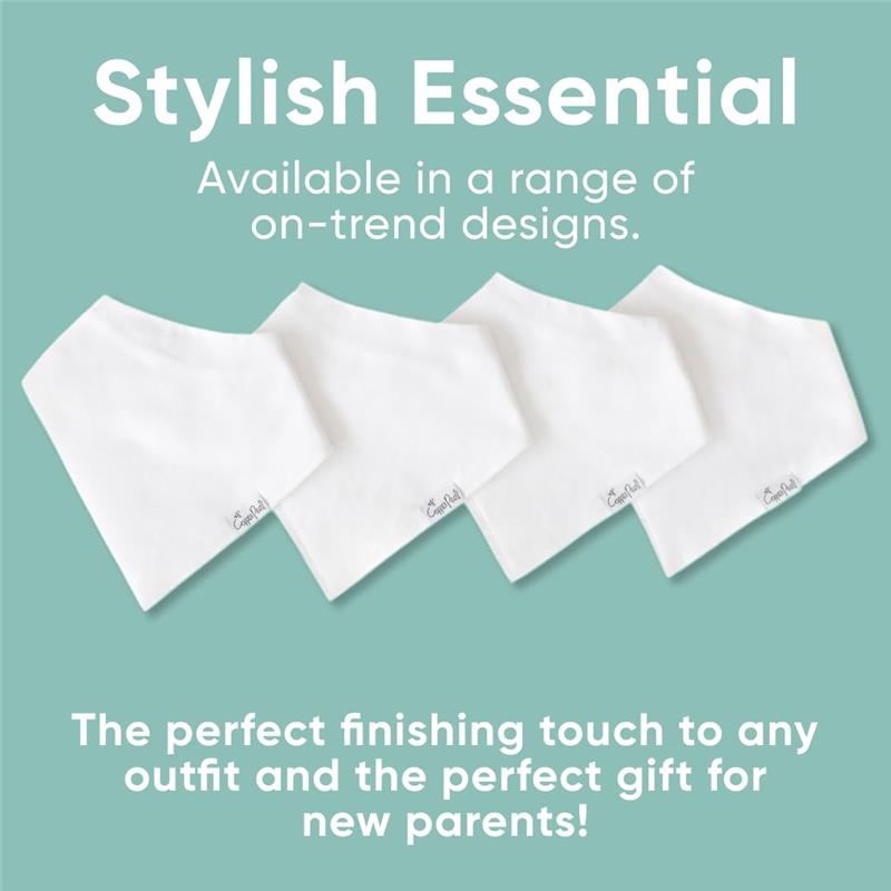 Four white bandana bibs from the Copper Pearl 4Pk White Basics Baby Bandana Bib Set, showcasing a stylish design.