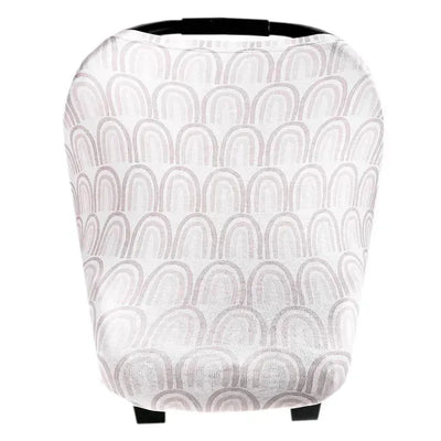 Baby car seat cover canopy featuring a rainbow pattern in soft pastel colors, designed for infant car seats.