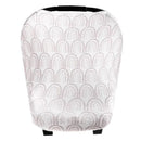 Baby car seat cover canopy featuring a rainbow pattern in soft pastel colors, designed for infant car seats.