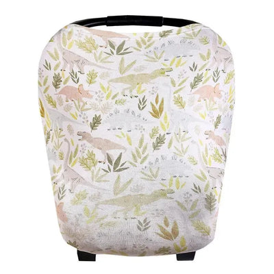 Baby car seat cover featuring a playful dinosaur pattern in soft colors, designed for easy use as a canopy.