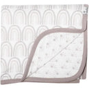 Soft quilt blanket featuring a light grey rainbow pattern on one side and a sunburst design on the reverse, edged in taupe.