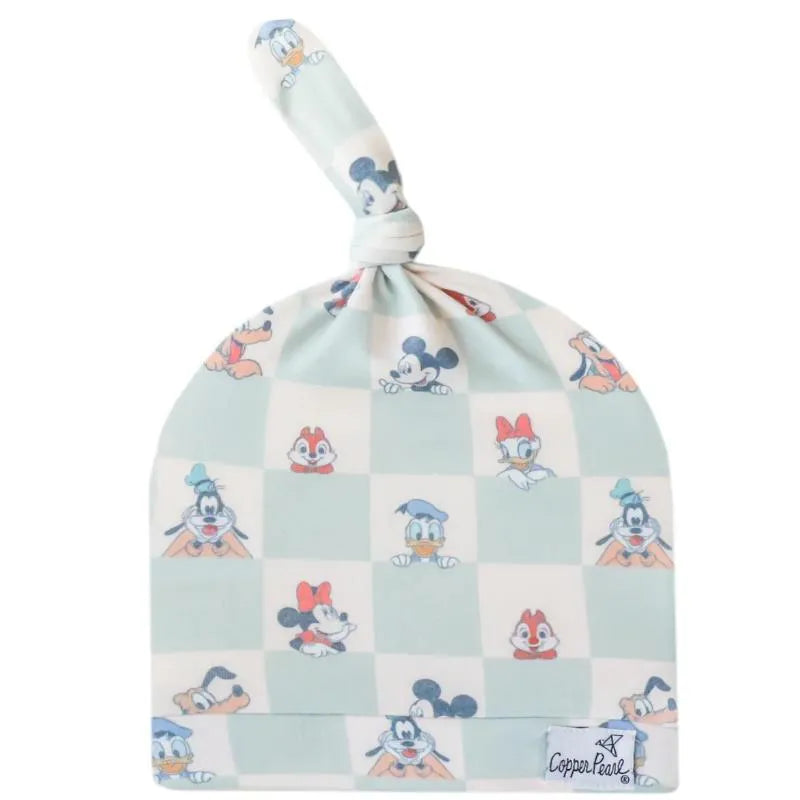Top knot hat featuring Disney characters Mickey Mouse, Minnie Mouse, Donald Duck, and Goofy in a pastel checkered pattern.