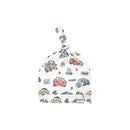 Top knot hat for infants featuring colorful Disney Pixar Cars characters, including Lightning McQueen and Mater, on a white background.