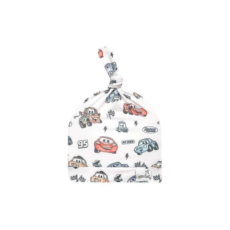 White top knot hat for infants featuring Disney Pixar Cars characters, including Lightning McQueen and Mater.