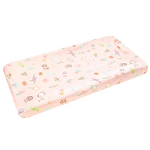 Premium diaper changing pad cover featuring a whimsical colored pattern of animals and floral designs on a pink background.