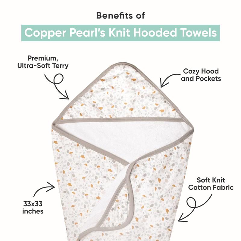 Copper Pearl Fischer Premium Knit Hooded Towel features a cozy hood, soft knit cotton fabric, and a size of 33x33 inches.