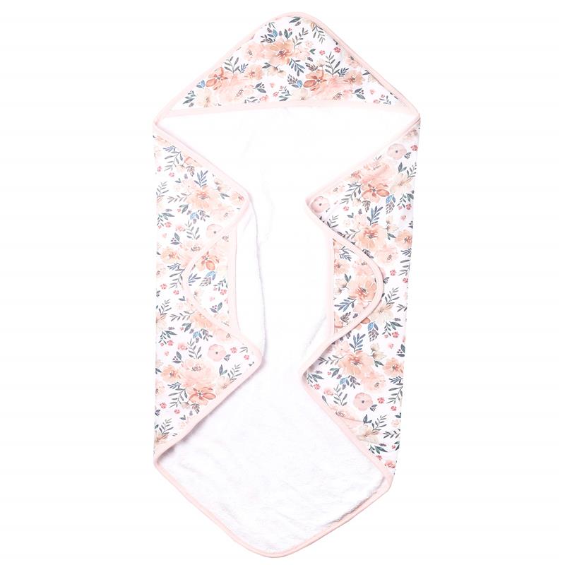 Hooded towel featuring a floral design with pastel colors and plush white interior, ideal for drying children.