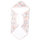 Hooded towel featuring a floral design with pastel colors and plush white interior, ideal for drying children.