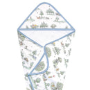 Hooded towel featuring whimsical Hundred Acre Wood illustrations, crafted from premium knit fabric with a soft blue trim.