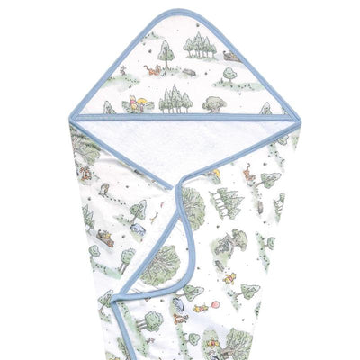 Hunny Premium Knit Hooded Towel by Copper Pearl, featuring a whimsical nature design with characters and trees.