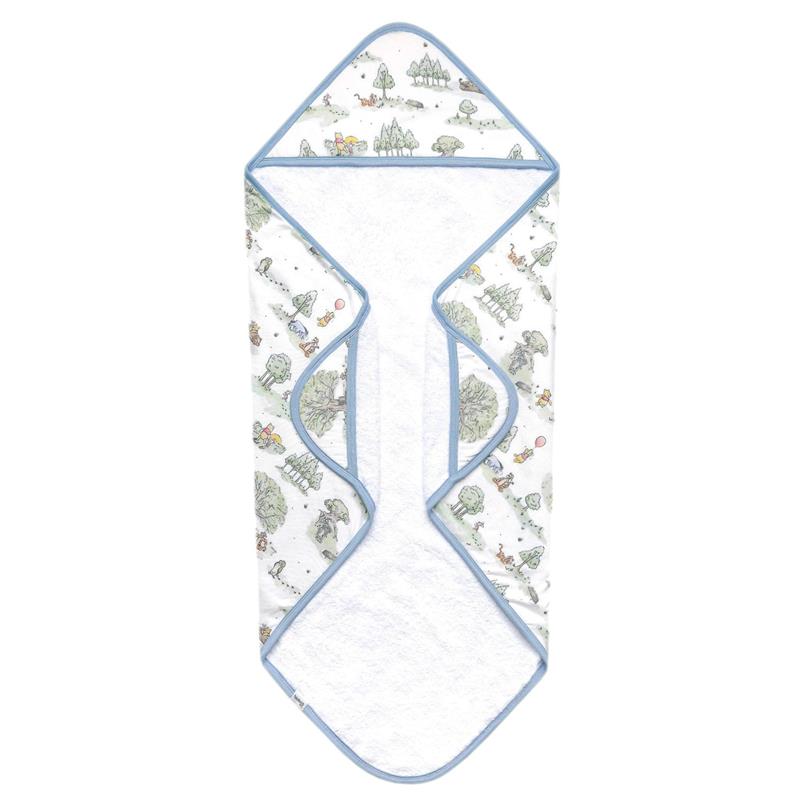 Hooded towel featuring whimsical forest illustrations, soft cotton knit fabric, and a light blue trim.