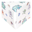 Premium crib sheet featuring colorful characters from Monsters Inc, including Mike and Sulley, on a white background.