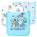 Set of three Monsters Inc-themed burp cloths featuring colorful cartoon characters, including Mike and Sulley, with playful designs.