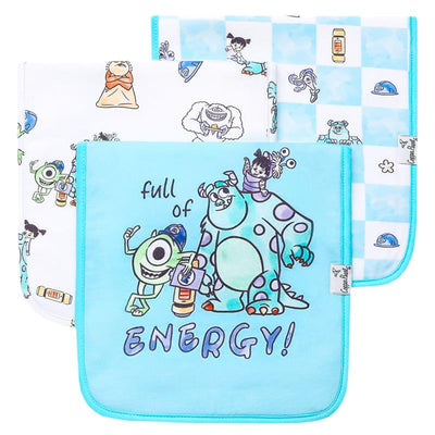 Set of three Monsters Inc-themed burp cloths featuring colorful cartoon characters, including Mike and Sulley, with playful designs.