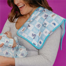 Burp cloth set featuring a blue and white checkered design with Monsters Inc. graphics, worn by a smiling woman holding a baby.