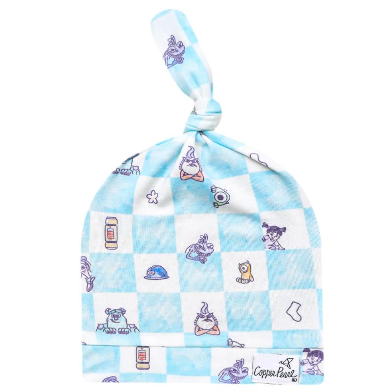 Copper Pearl Monsters Inc Medley Top Knot Hat featuring a light blue checkered pattern with cartoon character designs.