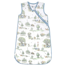 Premium 3-layer knit sleep bag featuring Hundred Acre Wood nursery characters on a light fabric with blue trim.
