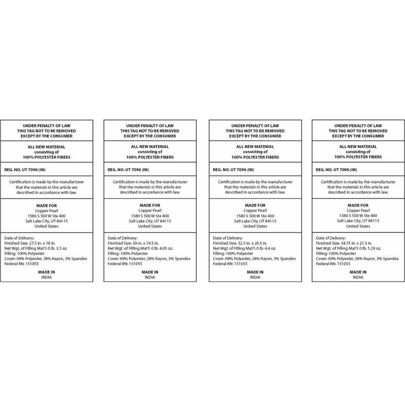 Care label tags for Copper Pearl Premium 3-Layer Knit Sleep Bag, detailing material and care instructions.