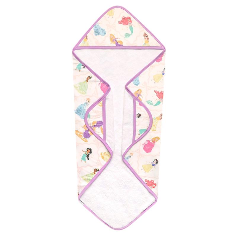 Hooded bath towel featuring Disney Princesses with a soft white inner lining and a colorful outer design.