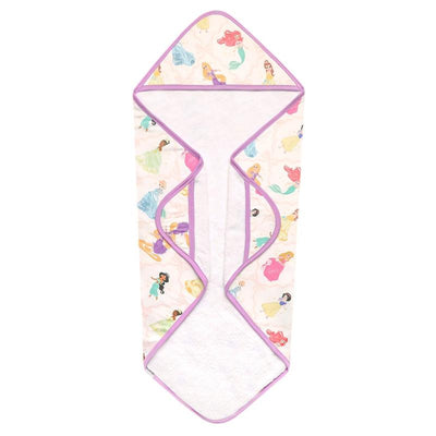 Hooded bath towel featuring Disney Princesses with a soft white inner lining and a colorful outer design.
