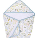 Hooded bath towel featuring a dinosaur and foliage print, made from soft knit material for infants.