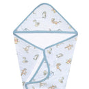 Hooded towel featuring a blue gingham pattern with Winnie the Pooh and friends illustrations, soft white interior.