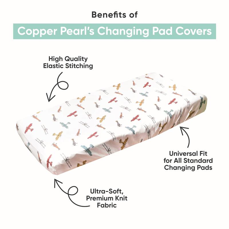 Copper Pearl Wizarding World™ diaper changing pad cover features colorful airplane designs, ultra-soft fabric, and elastic stitching.
