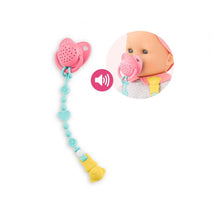 Corolle Baby Doll Pacifier in pink and blue, featuring a sound module for 14 baby dolls, with a toy strap attached.
