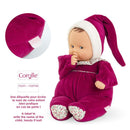 Corolle Babipouce doll in pink grenadine outfit, sucking thumb, with floral detail on booties and name label.