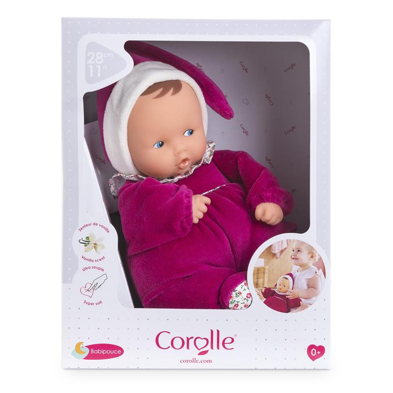 Corolle Babipouce Pink Grenadine doll in a box, featuring a soft, pink outfit and vanilla scent, suitable for ages 0+.
