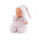 Soft-bodied 11-inch baby doll with blue eyes, pink outfit, and a bunny-eared hat, designed for nurturing play.