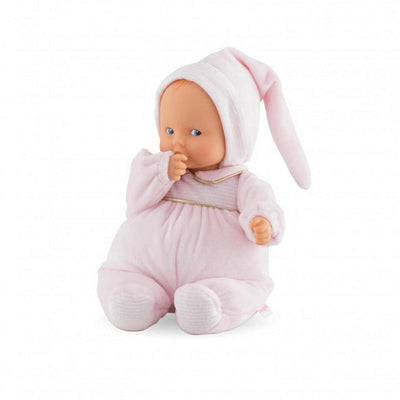 Soft-bodied 11-inch baby doll with blue eyes, pink outfit, and a bunny-eared hat, designed for nurturing play.