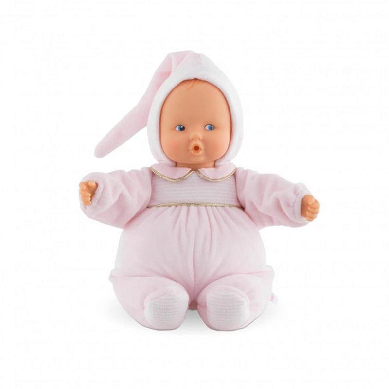 Soft-bodied baby doll dressed in a pink outfit with a bunny hood, featuring blue eyes and a round face.