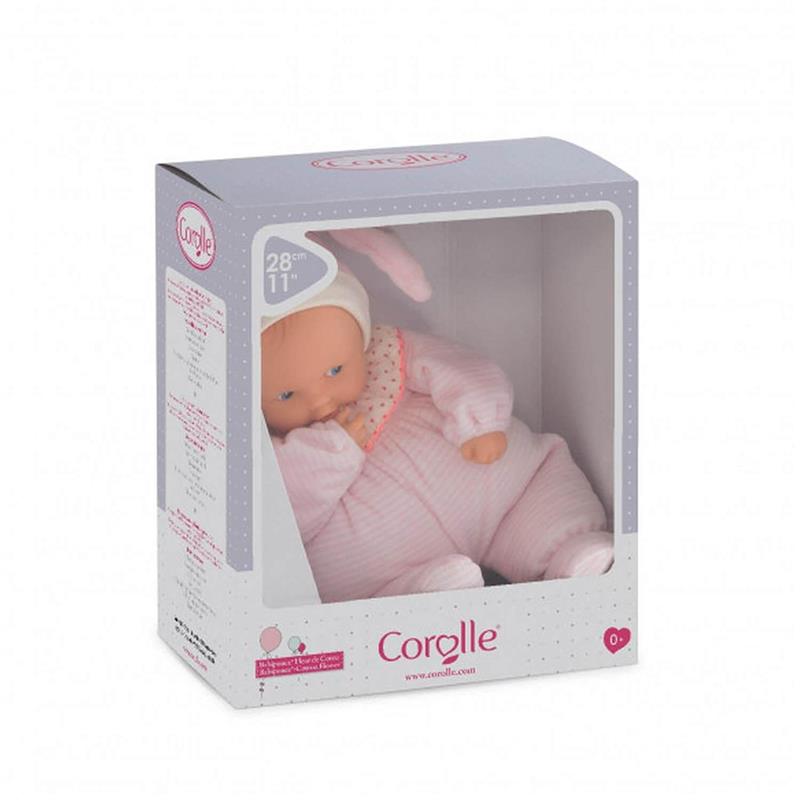 Corolle Babipouce Sweet Dreams 11-inch soft body baby doll in a pink outfit, packaged in a clear display box.