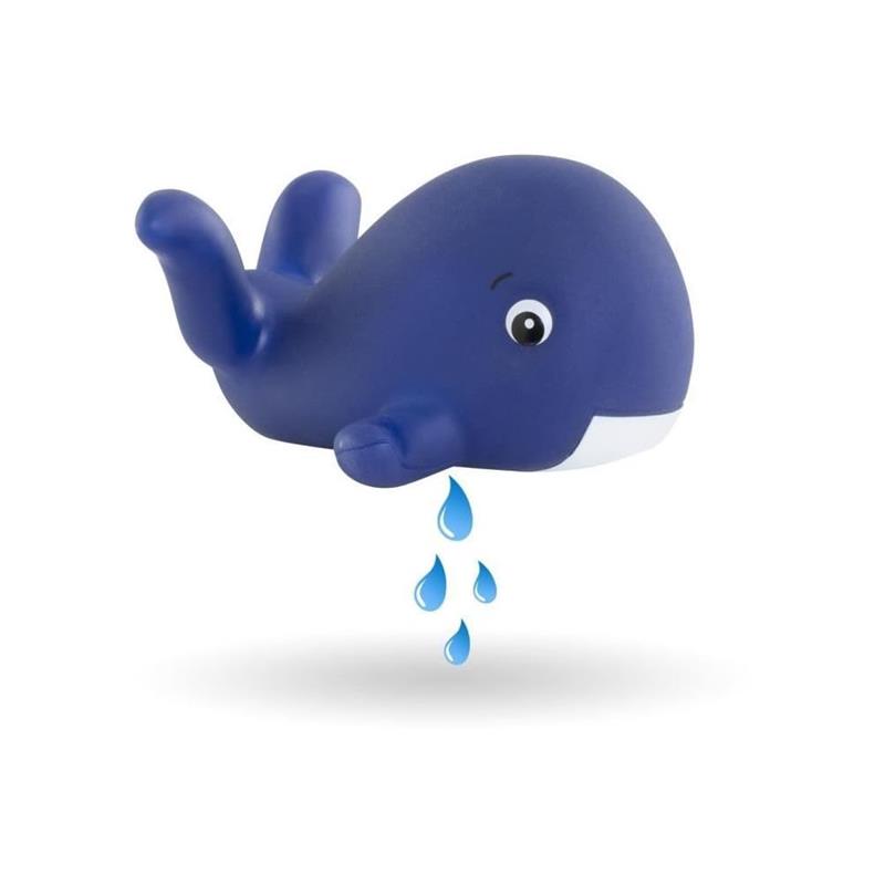 Blue rubber whale toy with a smiling face, designed for playtime, releasing small water droplets.