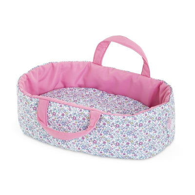 Floral-patterned Moses basket accessory with pink lining, designed for 30 cm dolls, featuring two handles.