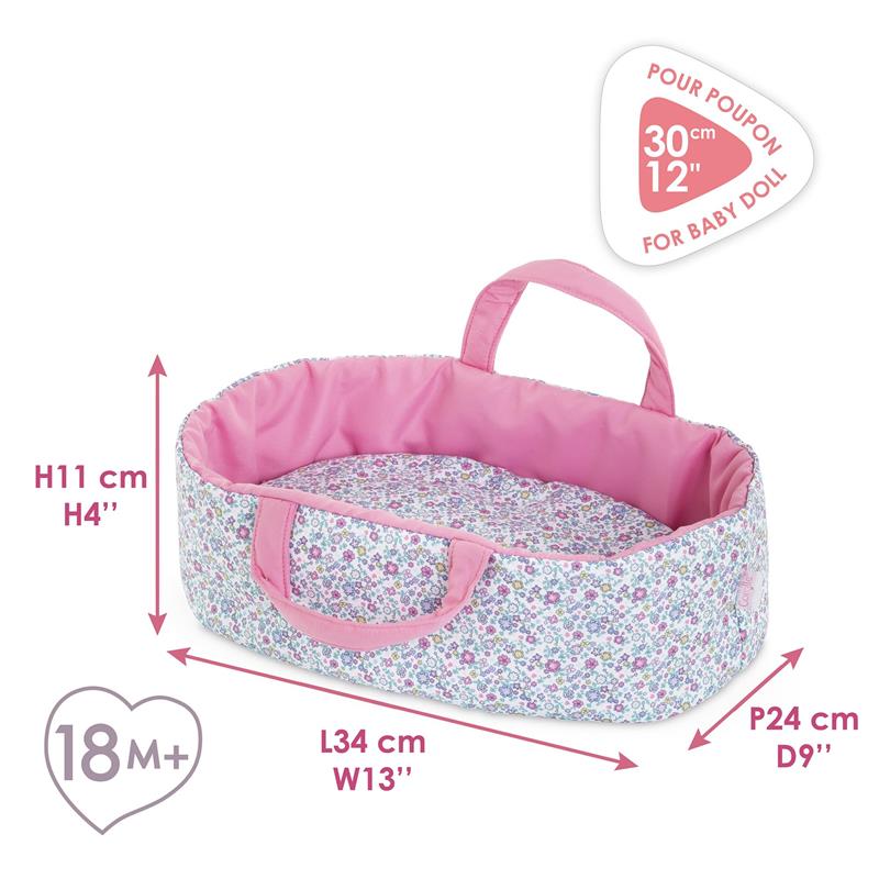 Floral Moses basket accessory for 30 cm dolls, featuring pink lining and floral exterior design, dimensions indicated.