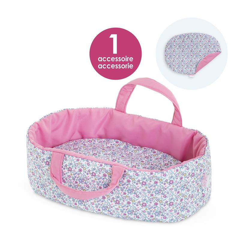 Floral Moses basket accessory for 30 cm dolls, featuring a pink interior and floral exterior pattern.