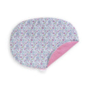 Floral Moses basket accessory for 30 cm dolls, featuring a white background with colorful flower patterns and a pink edge.