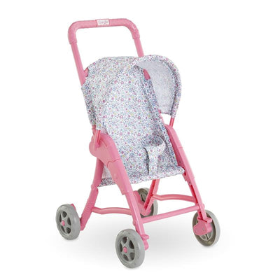 Floral patterned pink pushchair accessory for 30 cm dolls, featuring a seat belt and sturdy wheels.