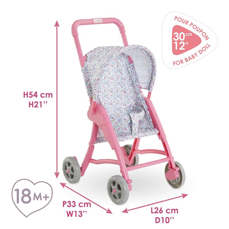 Corolle Dolls Floral Pushchair for 30 cm dolls, pink frame, floral fabric, dimensions labeled, suitable for ages 18 months and older.