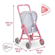 Corolle Dolls Floral Pushchair for 30 cm dolls, pink frame, floral fabric, dimensions labeled, suitable for ages 18 months and older.