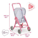Corolle Dolls Floral Pushchair for 30 cm dolls, pink frame, floral fabric, dimensions labeled, suitable for ages 18 months and older.